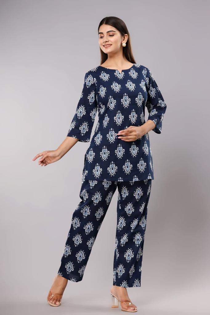Dark Blue Buta Pure Cotton Printed Night Suit