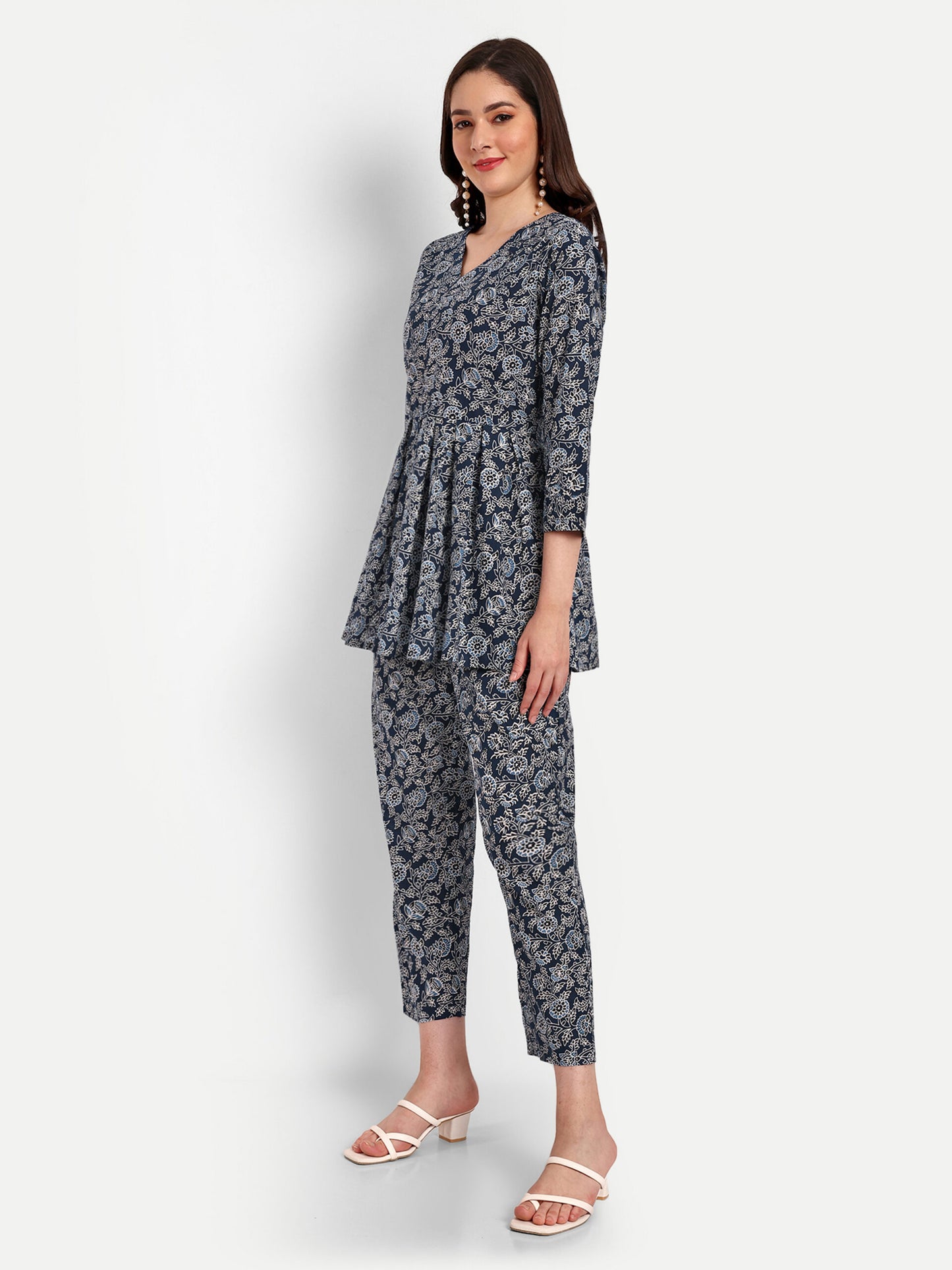 Dark Blue Peplum Top Pure Cotton Coord Set