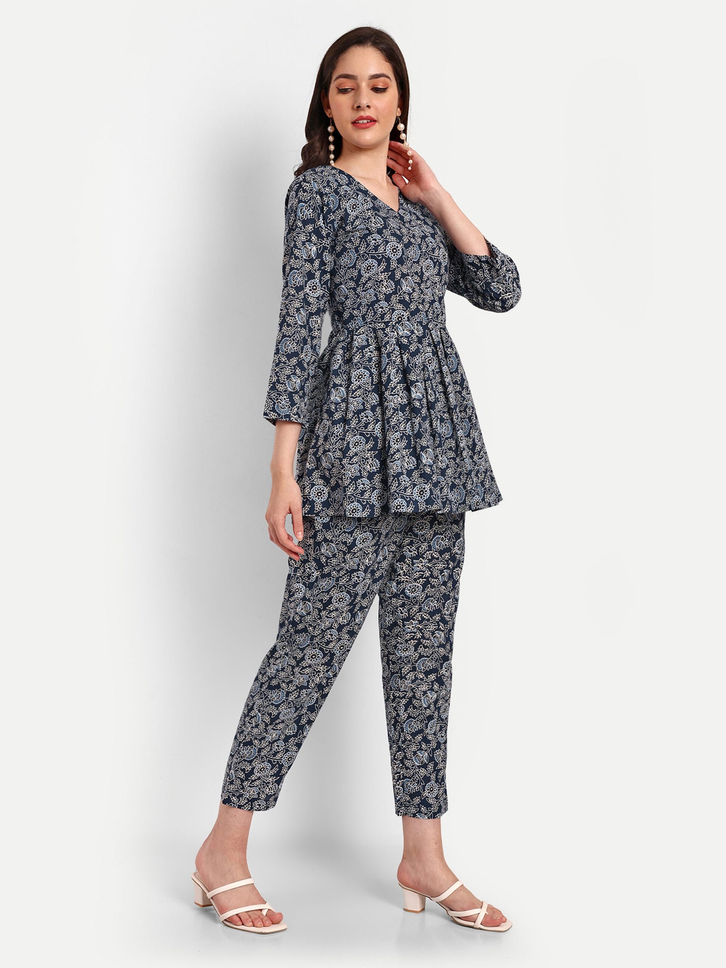 Dark Blue Peplum Top Pure Cotton Coord Set