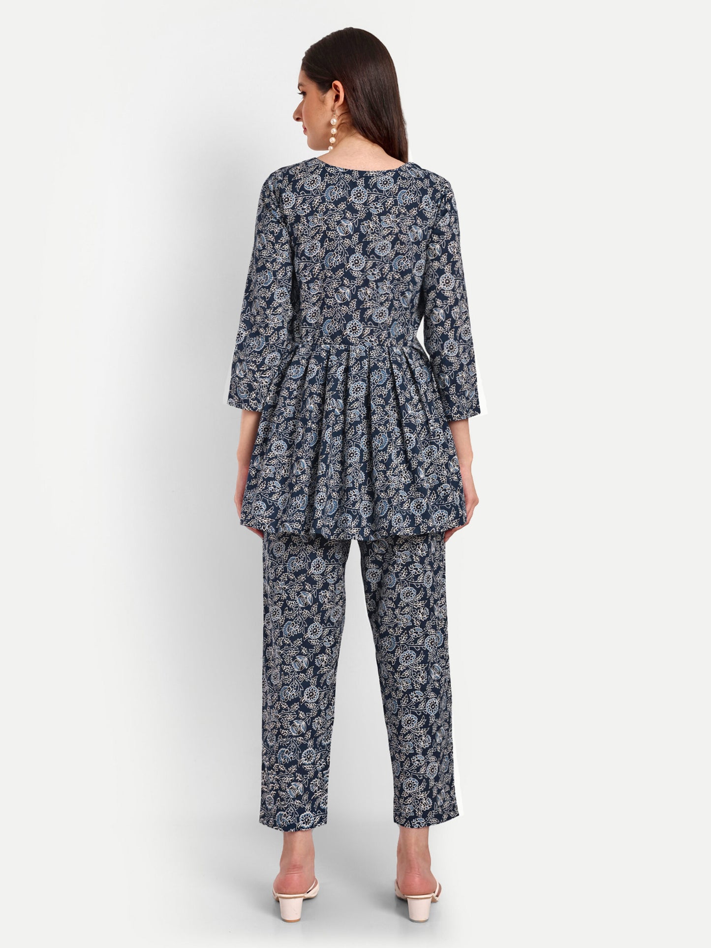 Dark Blue Peplum Top Pure Cotton Coord Set
