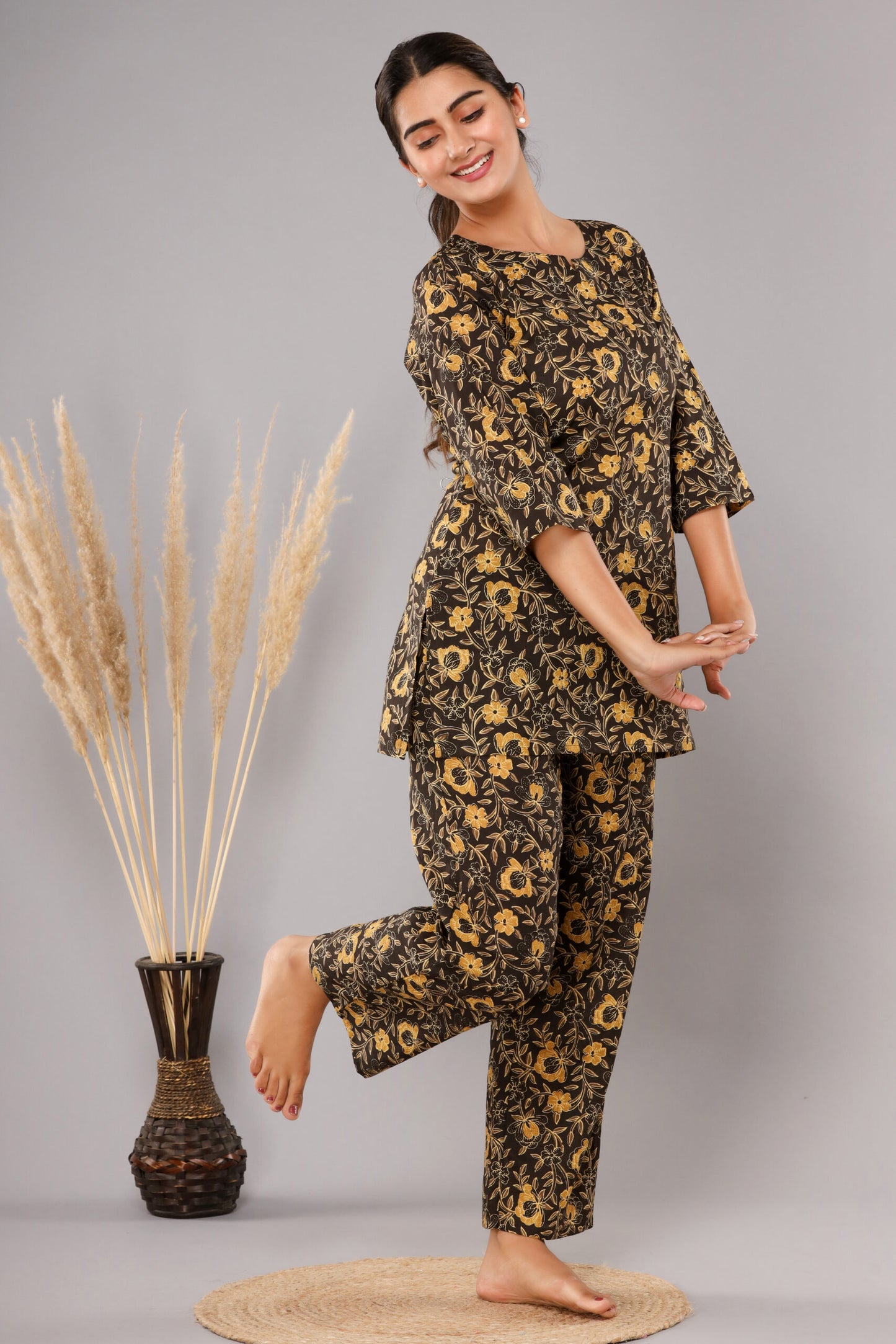 Dark Brown Pure Cotton Printed Night Suit