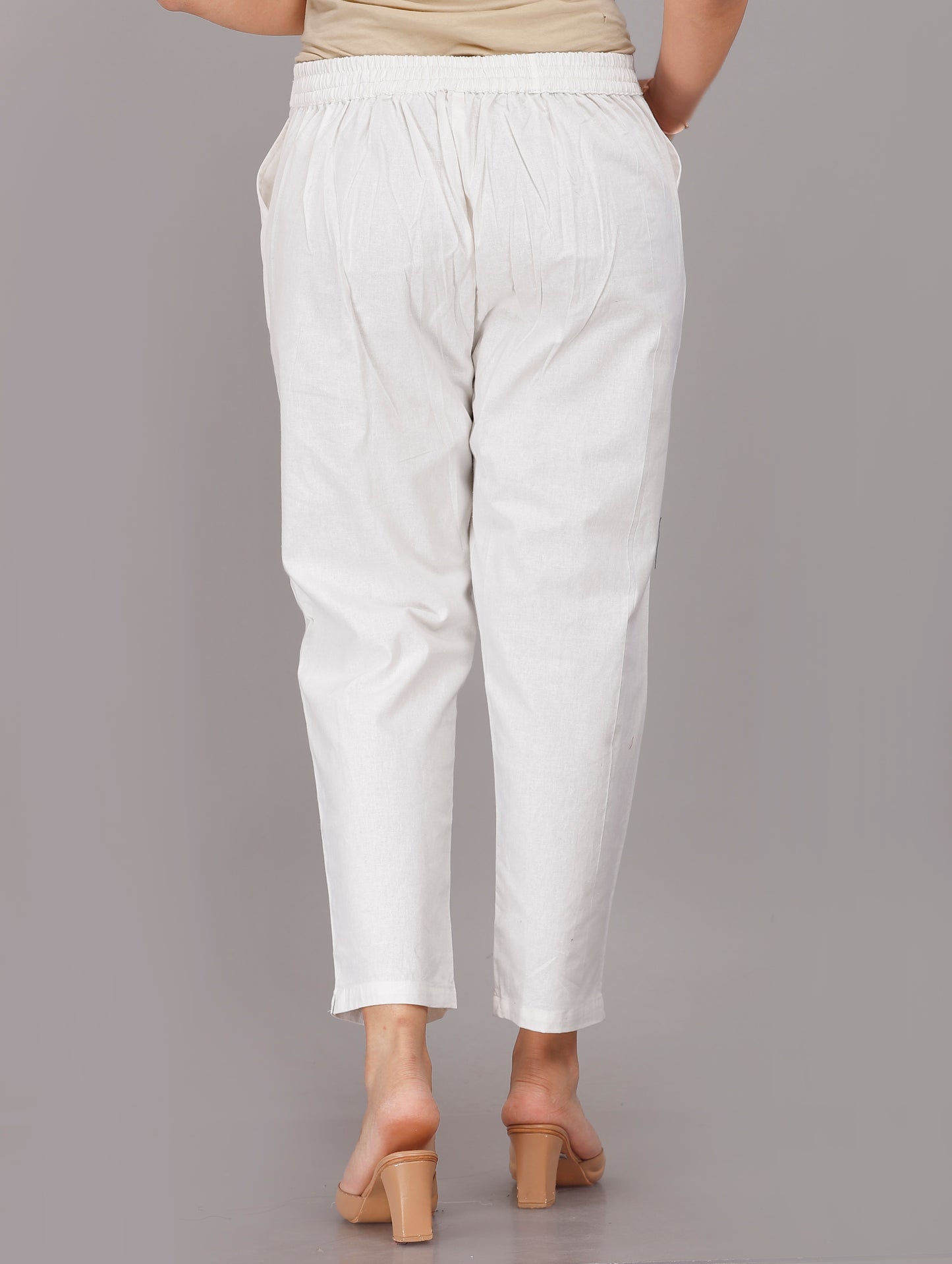 Women Regular Fit White Pure Cotton Trousers