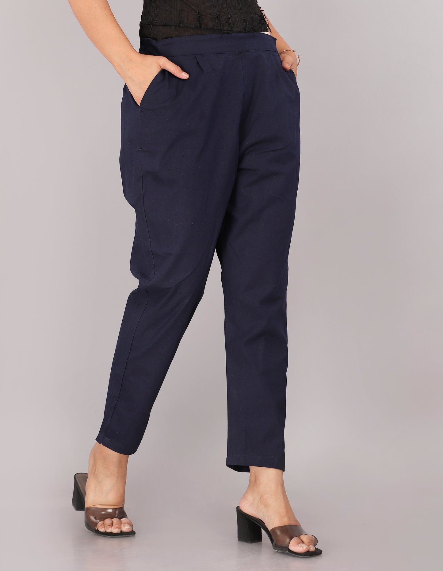 Women Regular Fit Dark Blue Pure Cotton Trousers