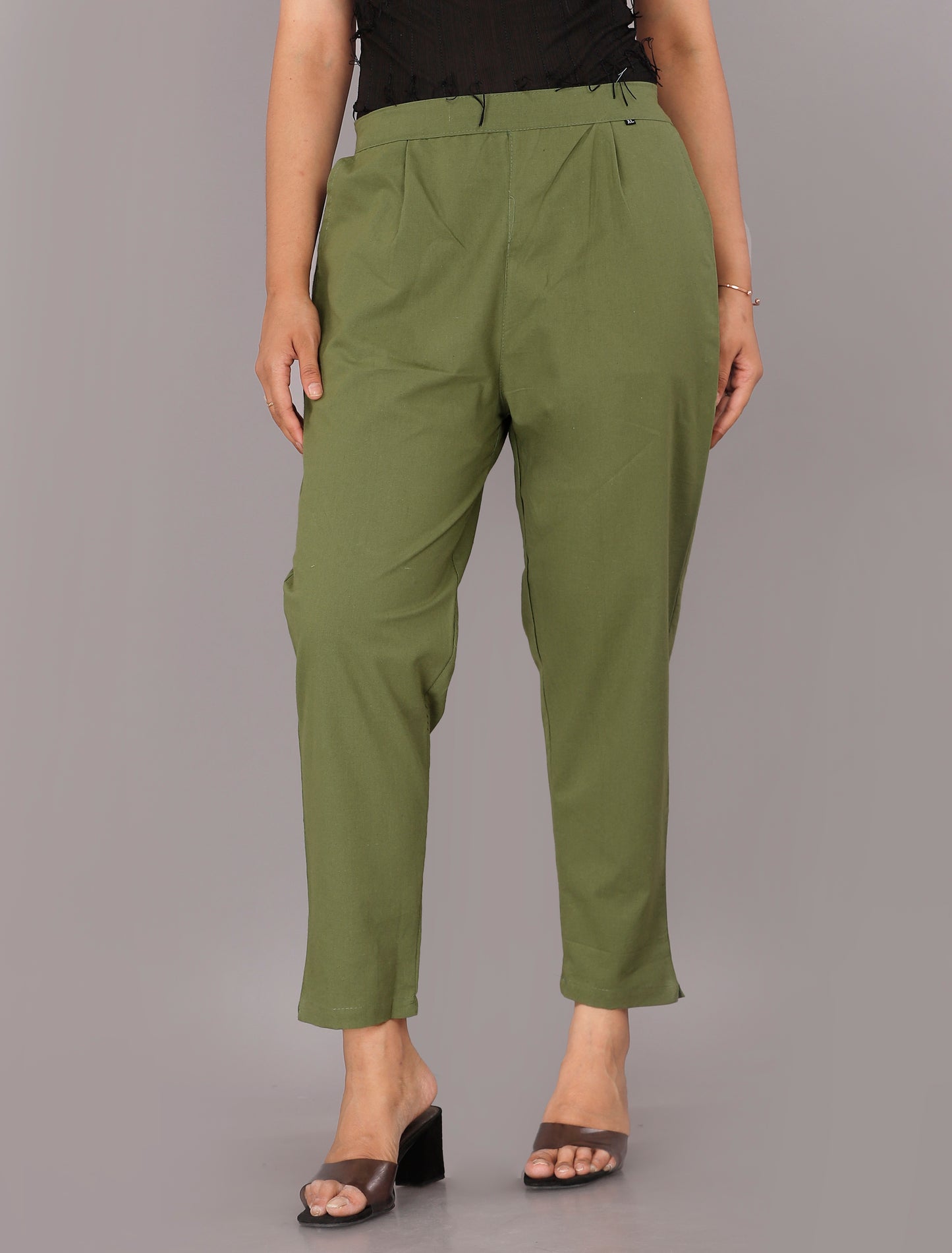Women Regular Fit Dark Green Pure Cotton Trousers