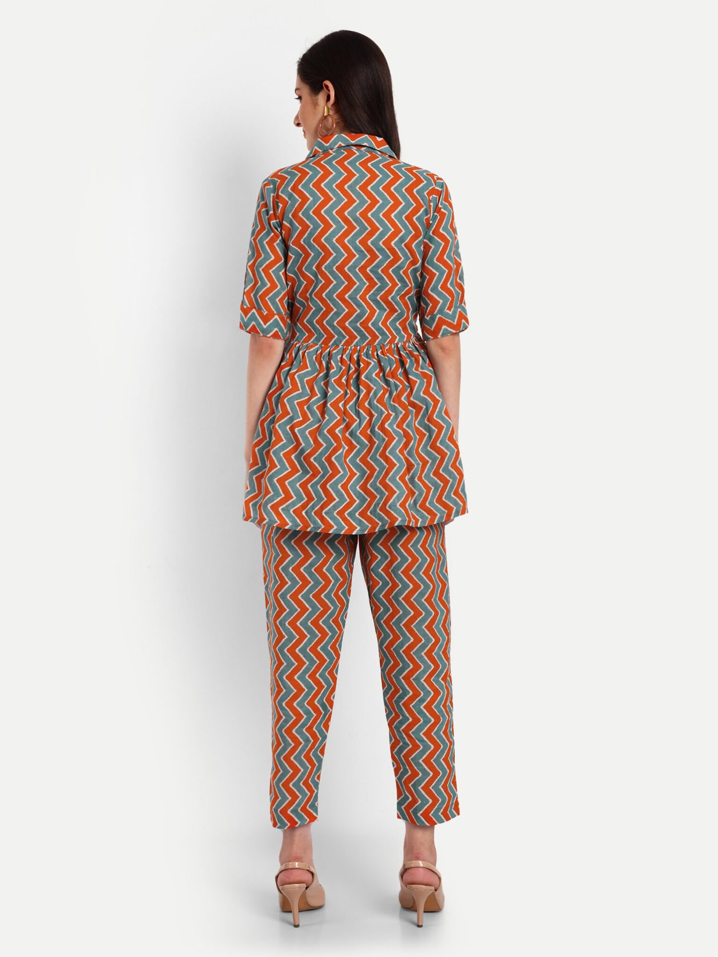 Orange-Green Peplum Top Pure Cotton Coord Set