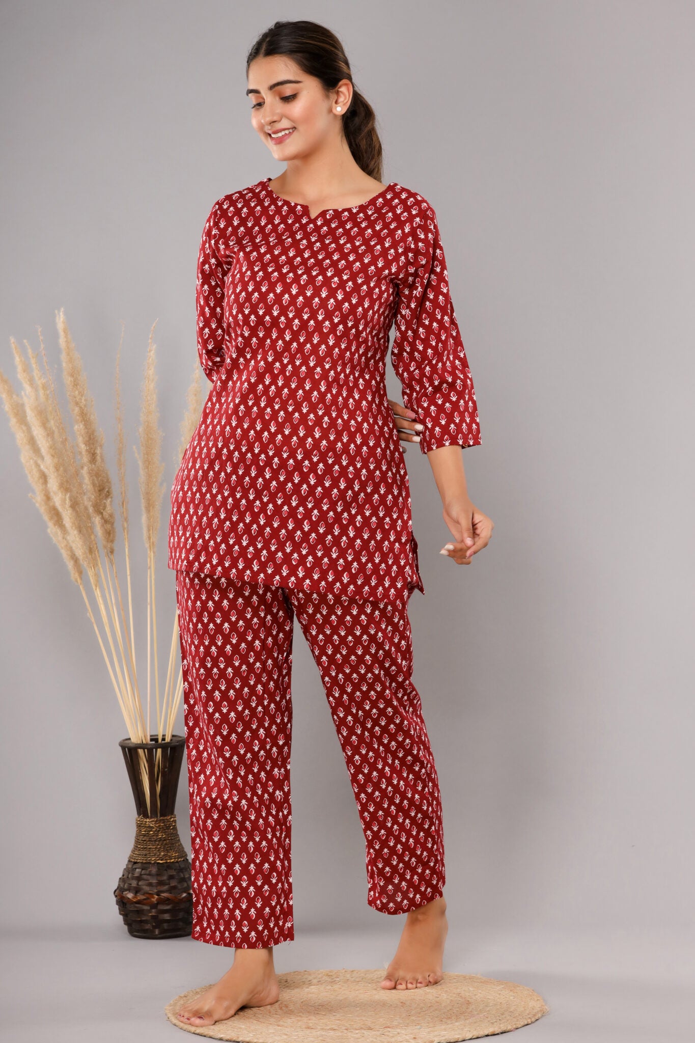 Red Buta Pure Cotton Printed Night Suit