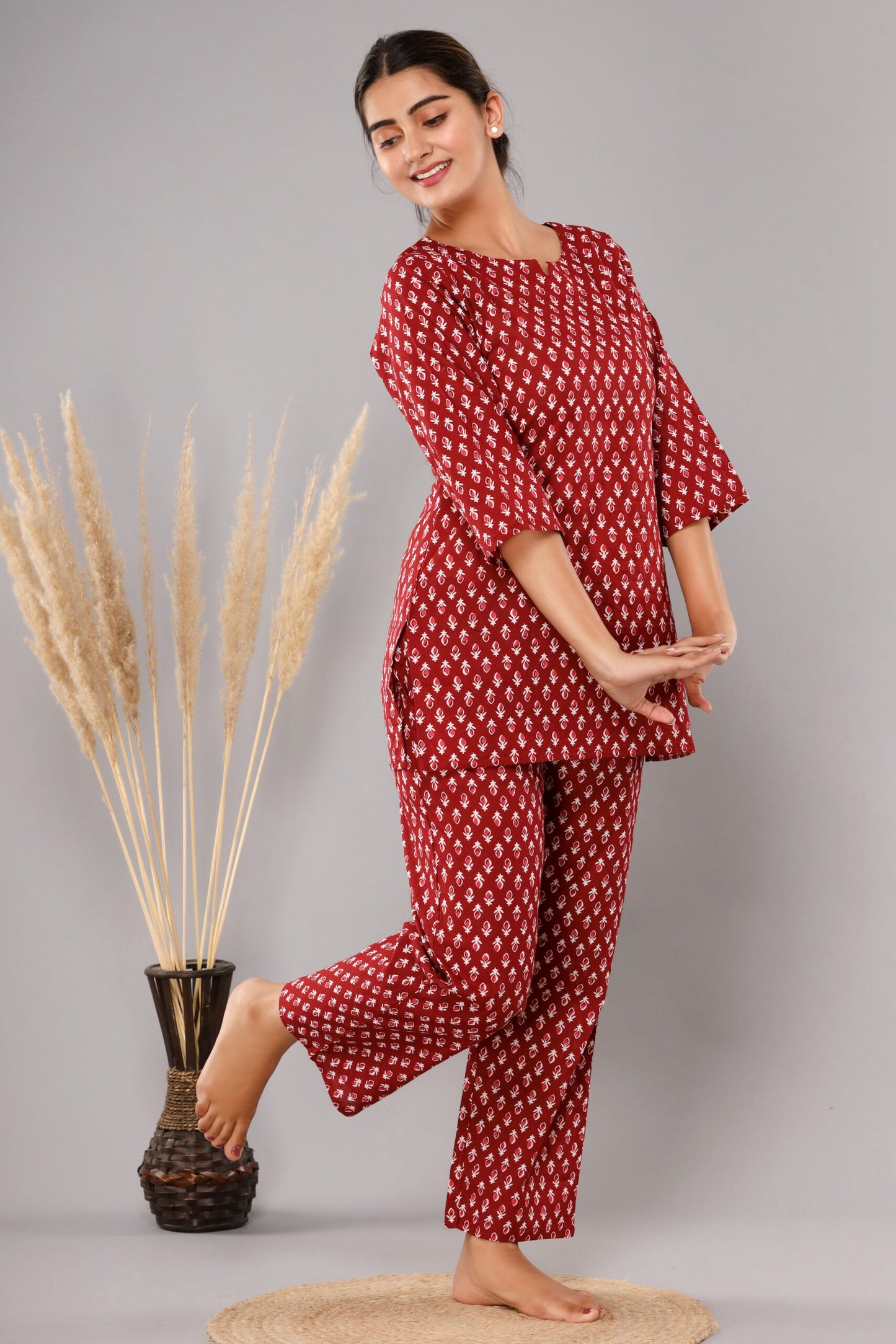 Red Buta Pure Cotton Printed Night Suit