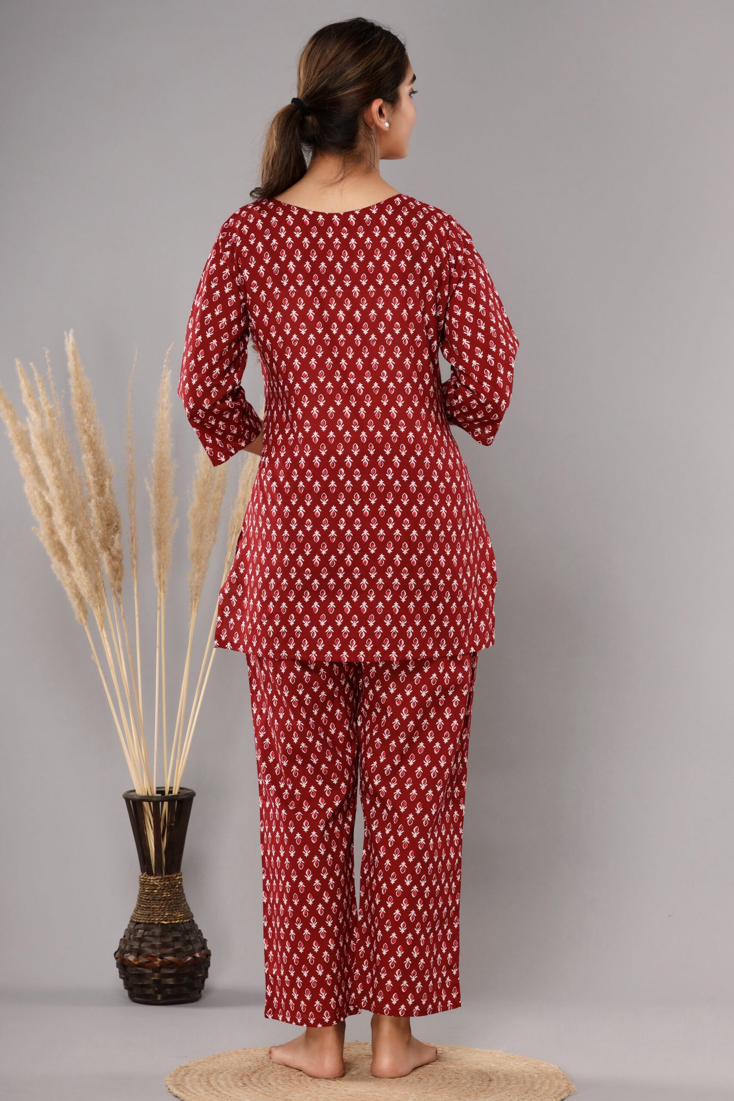 Red Buta Pure Cotton Printed Night Suit