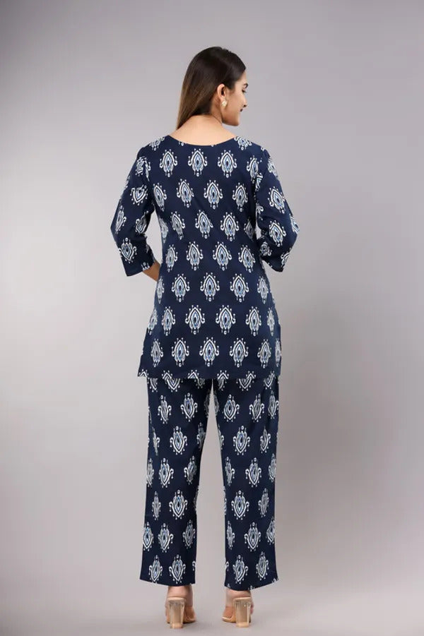Dark Blue Buta Pure Cotton Printed Night Suit