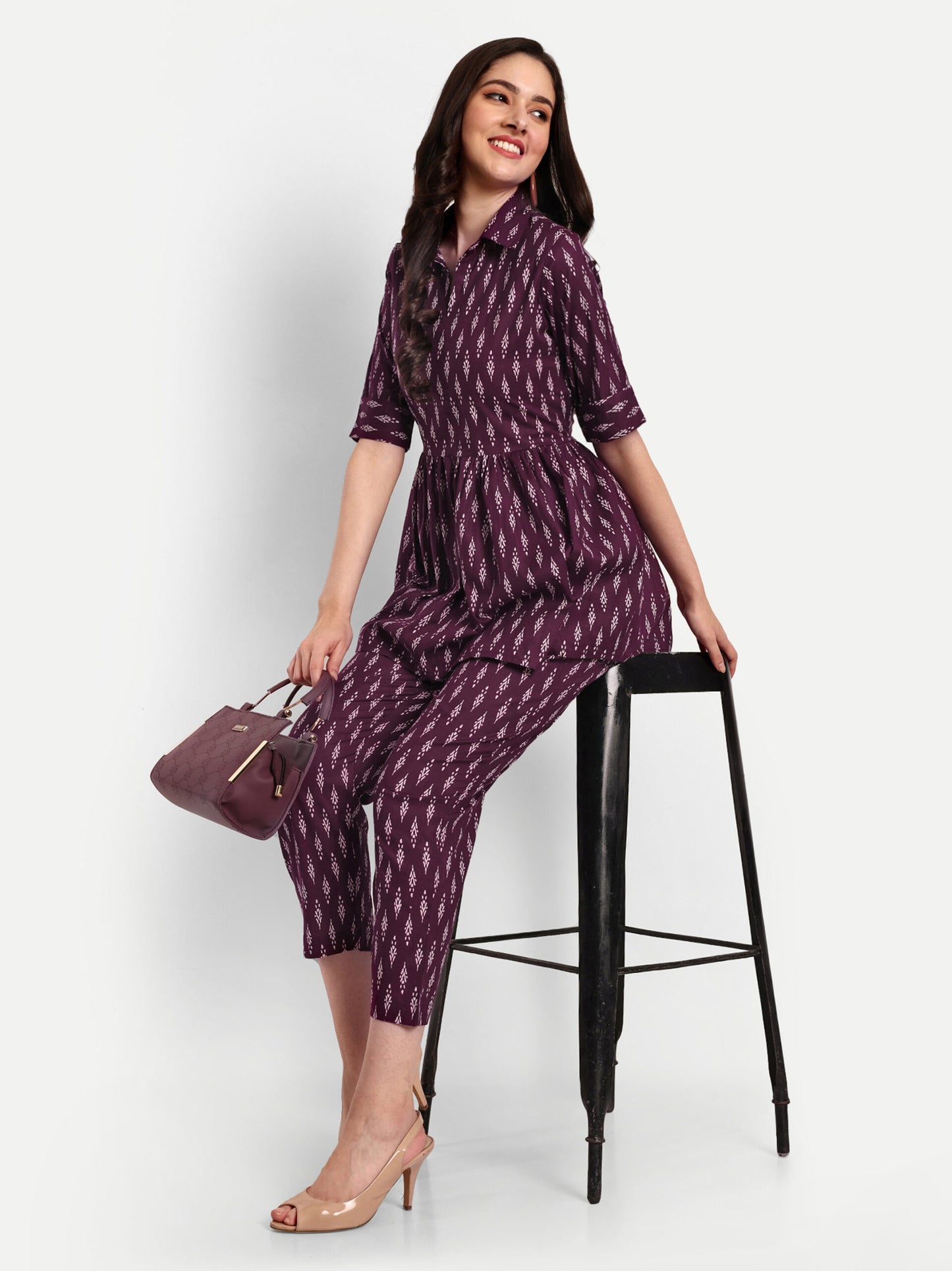 Wine Peplum Top Pure Cotton Coord Set