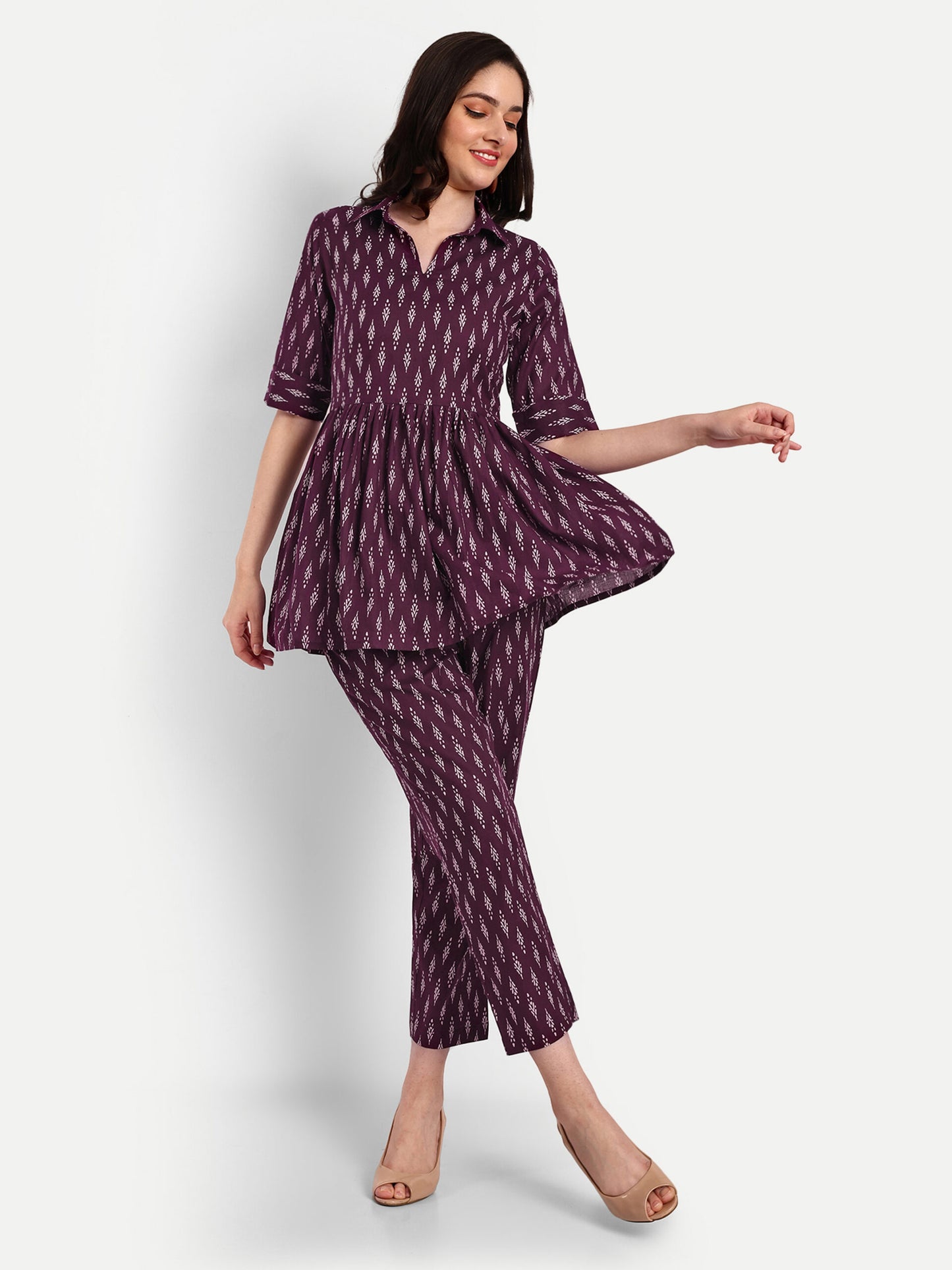 Wine Peplum Top Pure Cotton Coord Set