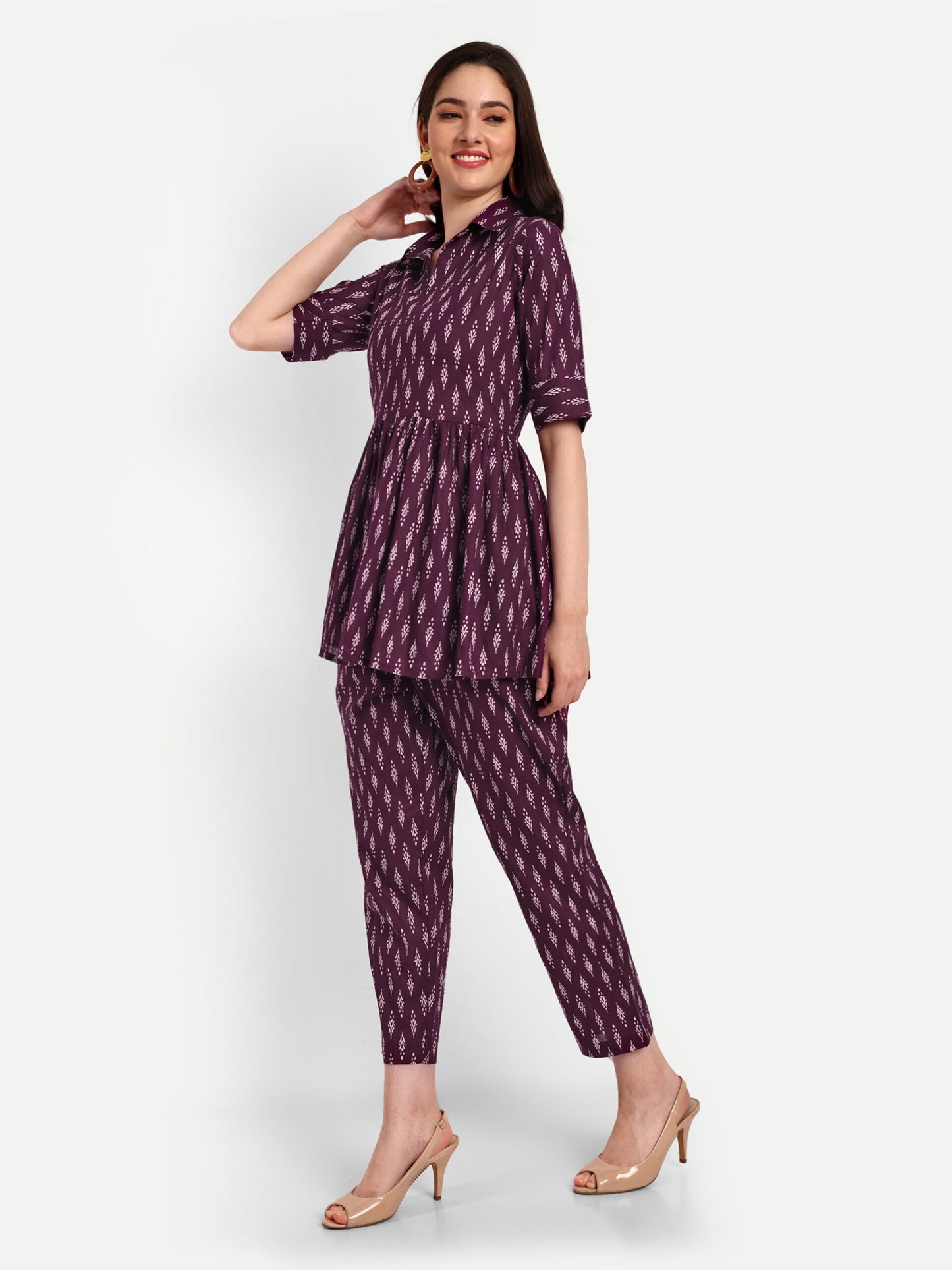 Wine Peplum Top Pure Cotton Coord Set