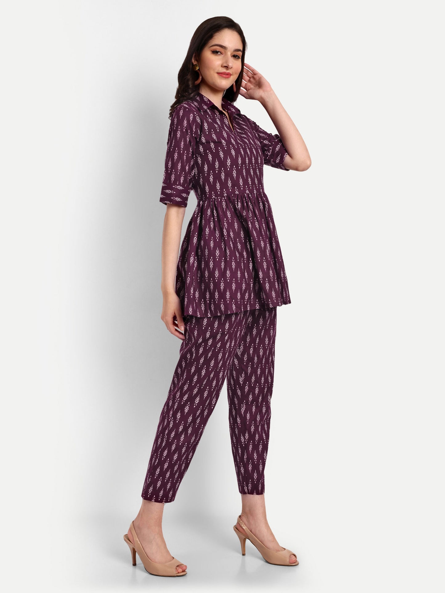 Wine Peplum Top Pure Cotton Coord Set