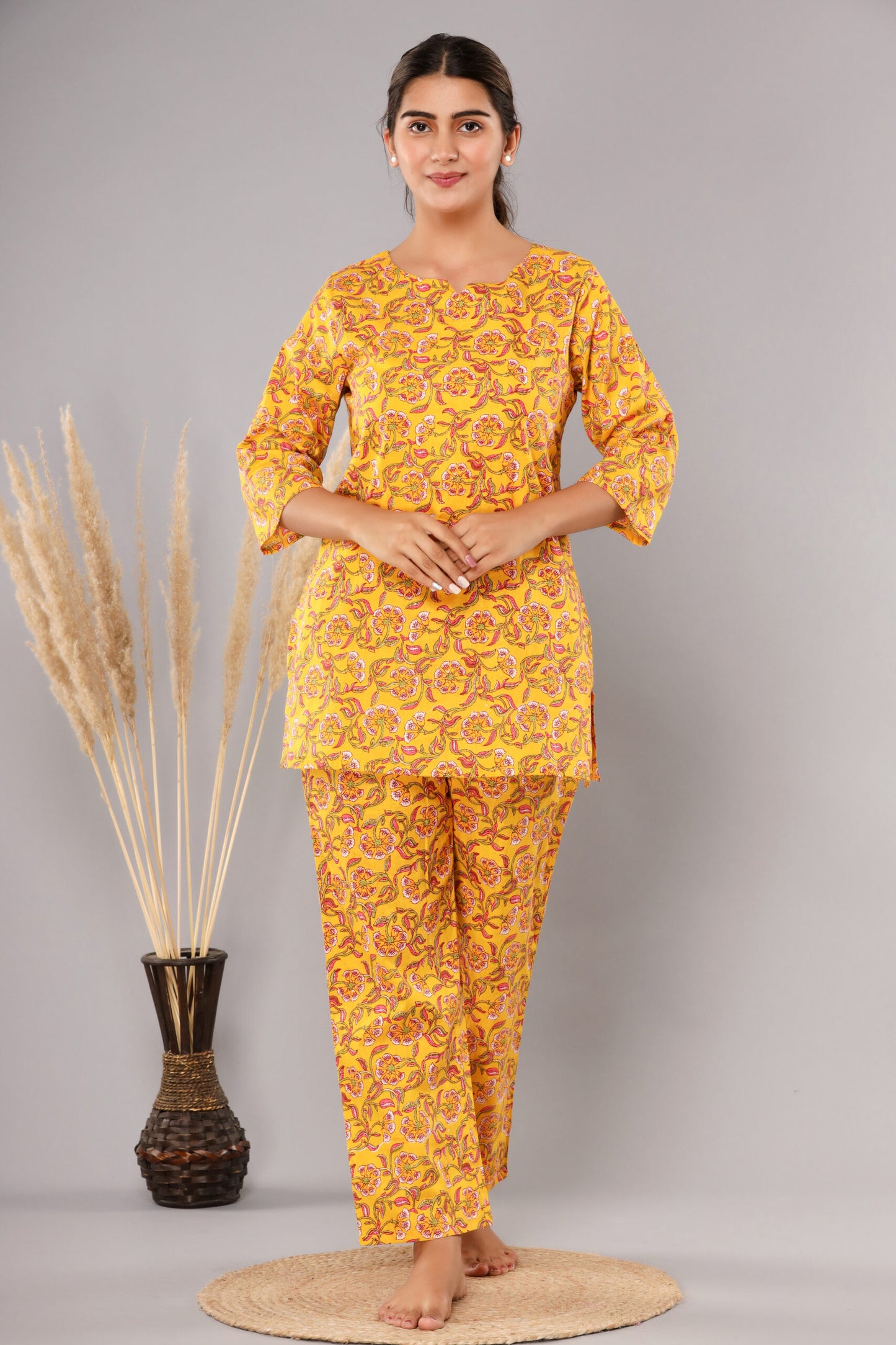 Yellow Pure Cotton Printed Night Suit