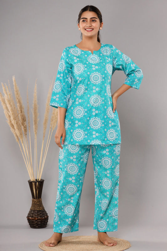 Blue Pure Cotton Printed Night Suit