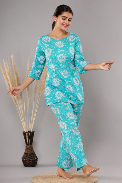 Blue Pure Cotton Printed Night Suit