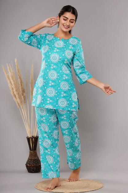 Blue Pure Cotton Printed Night Suit