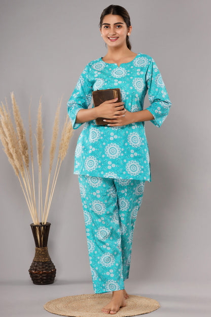 Blue Pure Cotton Printed Night Suit