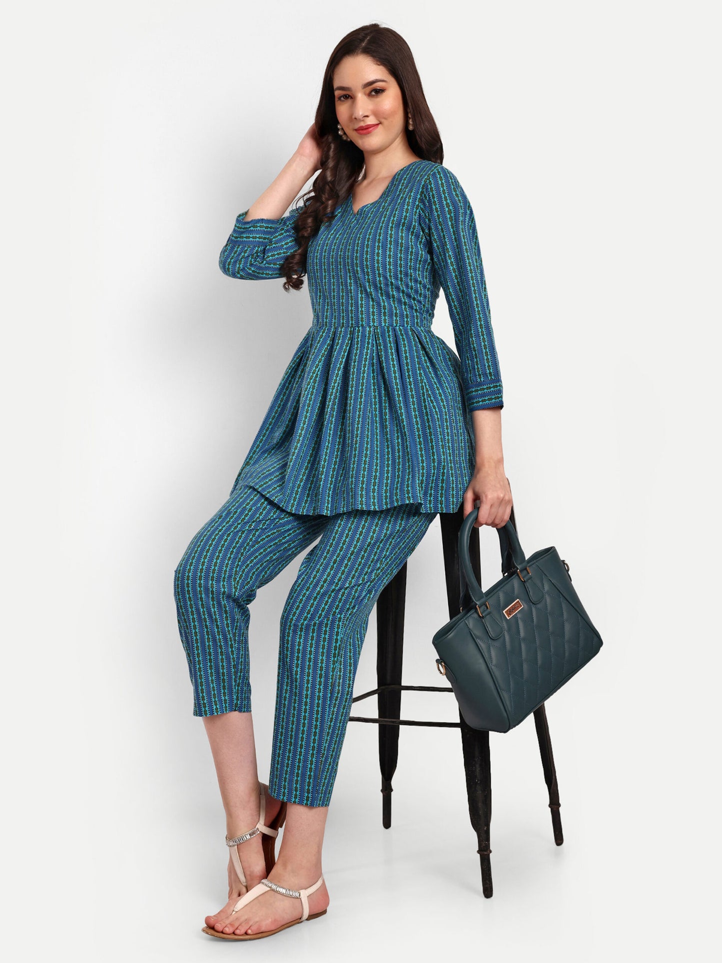 Blue Peplum Top Pure Cotton Coord Set