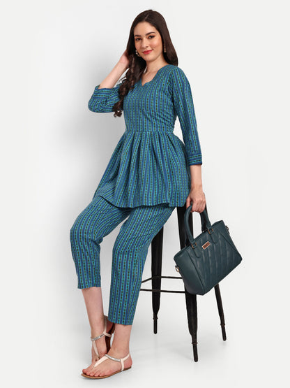 Blue Peplum Top Pure Cotton Coord Set
