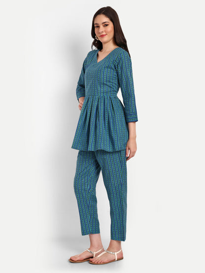 Blue Peplum Top Pure Cotton Coord Set
