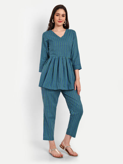 Blue Peplum Top Pure Cotton Coord Set