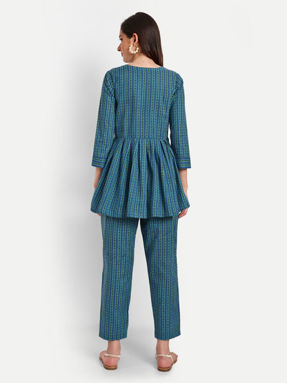 Blue Peplum Top Pure Cotton Coord Set