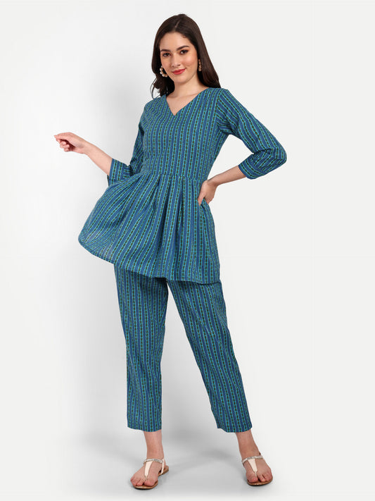 Blue Peplum Top Pure Cotton Coord Set