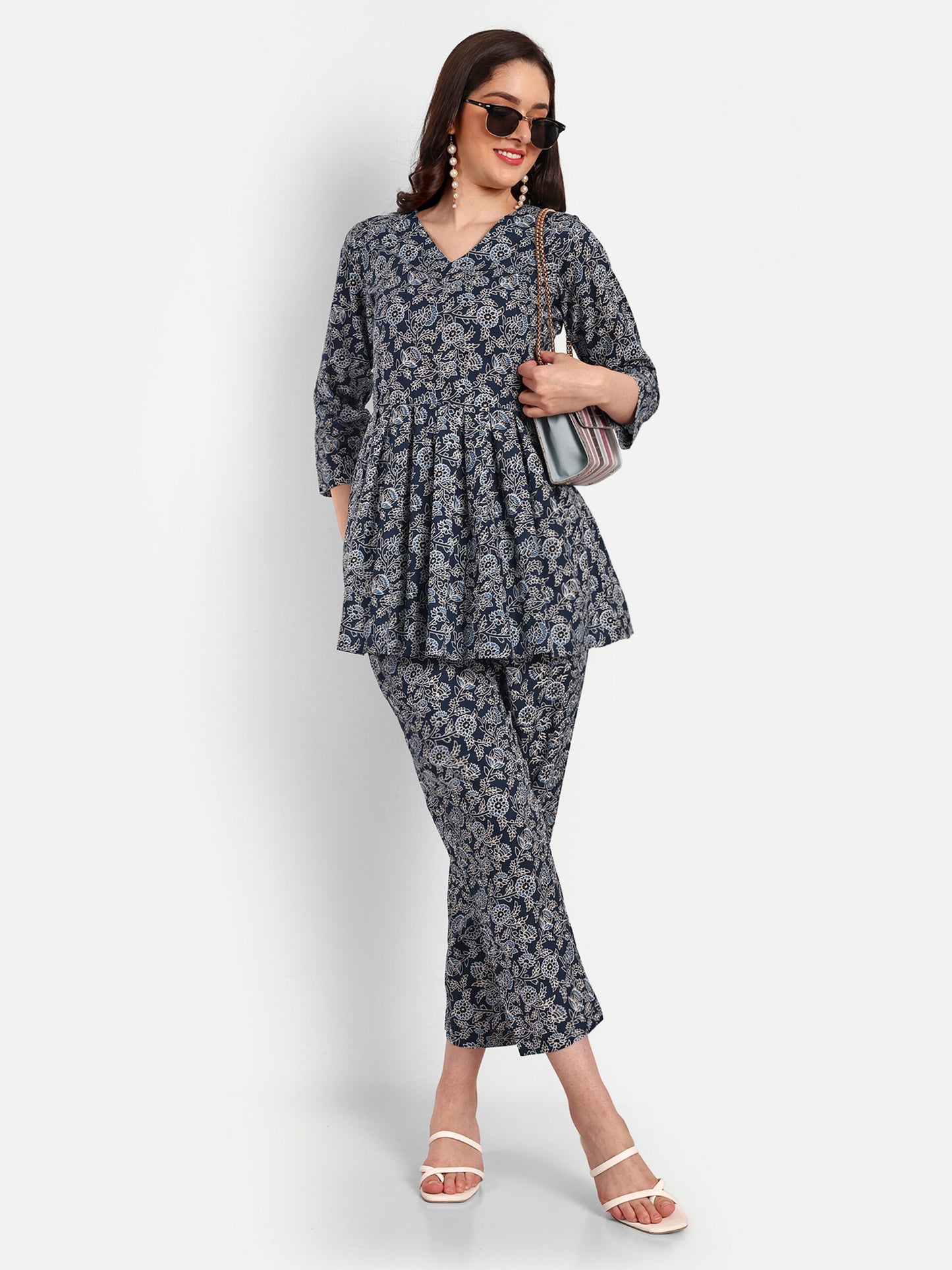 Dark Blue Peplum Top Pure Cotton Coord Set