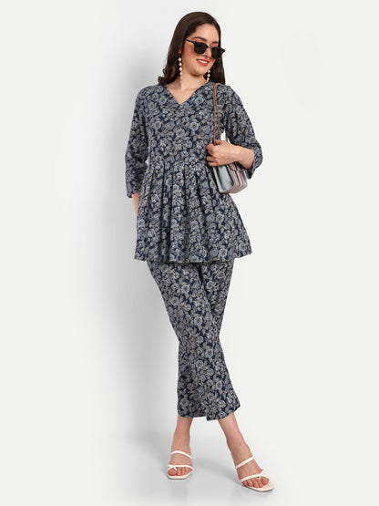 Dark Blue Peplum Top Pure Cotton Coord Set