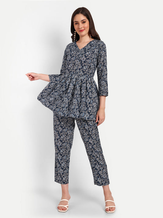 Dark Blue Peplum Top Pure Cotton Coord Set