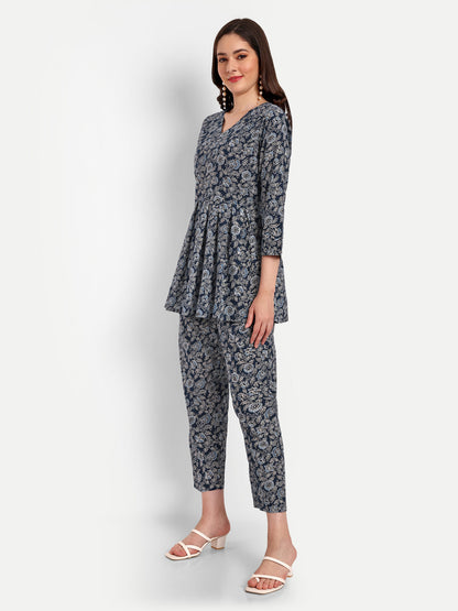 Dark Blue Peplum Top Pure Cotton Coord Set