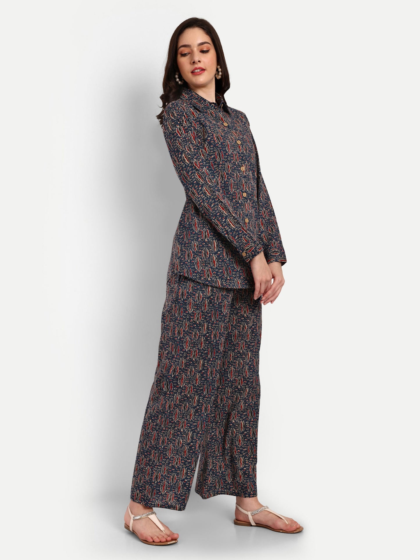 Dark Blue Shirt Style Pure Cotton Coord Set