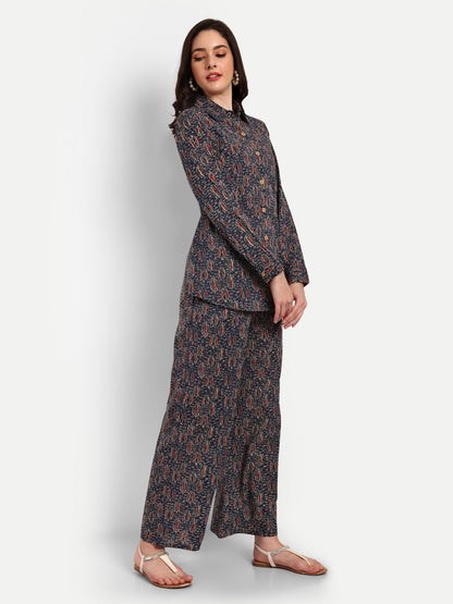 Dark Blue Shirt Style Pure Cotton Coord Set