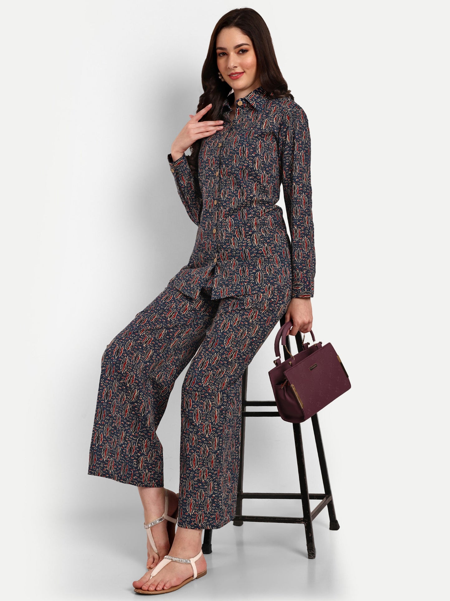Dark Blue Shirt Style Pure Cotton Coord Set