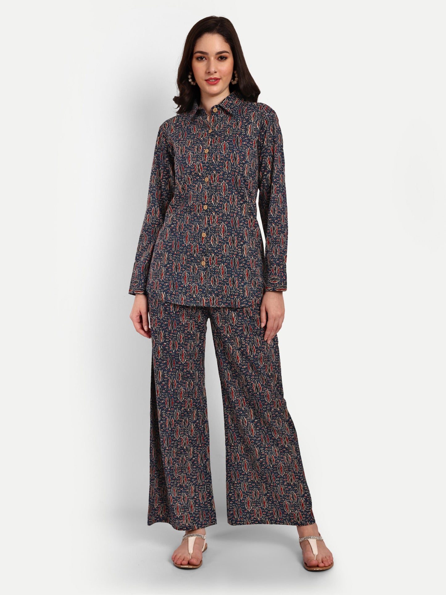 Dark Blue Shirt Style Pure Cotton Coord Set