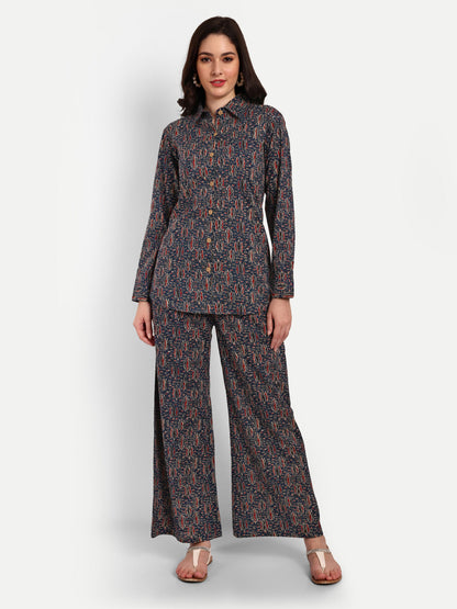 Dark Blue Shirt Style Pure Cotton Coord Set