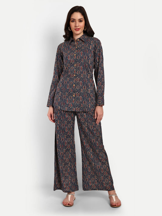 Dark Blue Shirt Style Pure Cotton Coord Set