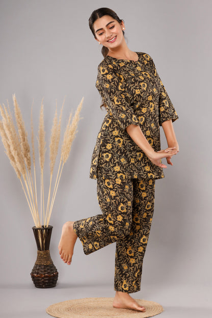 Dark Brown Pure Cotton Printed Night Suit
