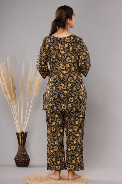 Dark Brown Pure Cotton Printed Night Suit
