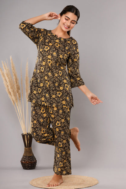 Dark Brown Pure Cotton Printed Night Suit