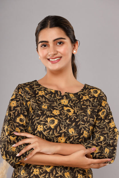 Dark Brown Pure Cotton Printed Night Suit