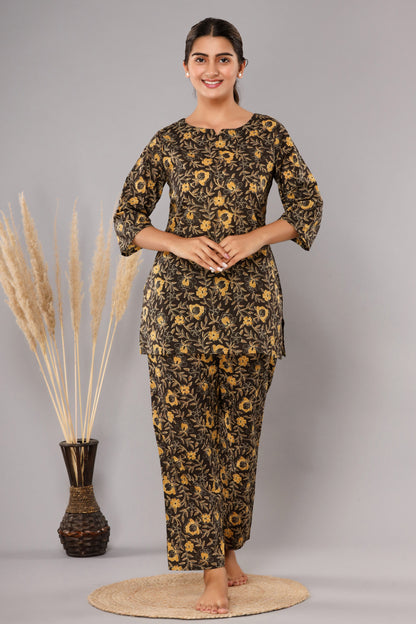 Dark Brown Pure Cotton Printed Night Suit