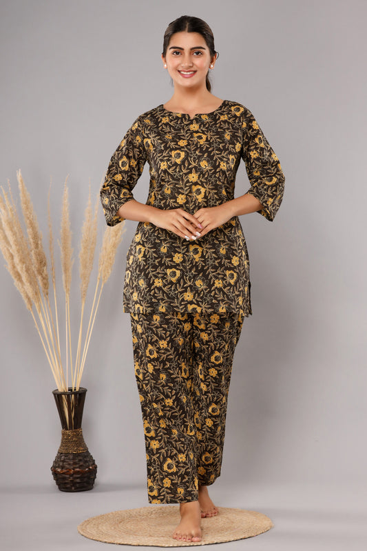 Dark Brown Pure Cotton Printed Night Suit