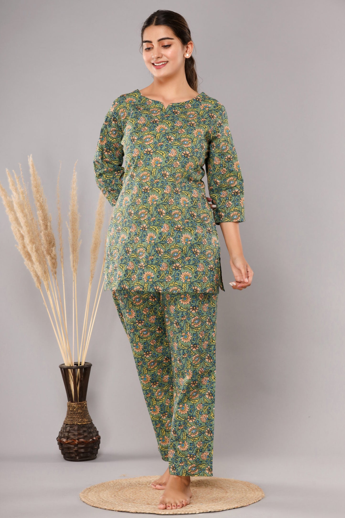 Green Pure Cotton Printed Night Suit