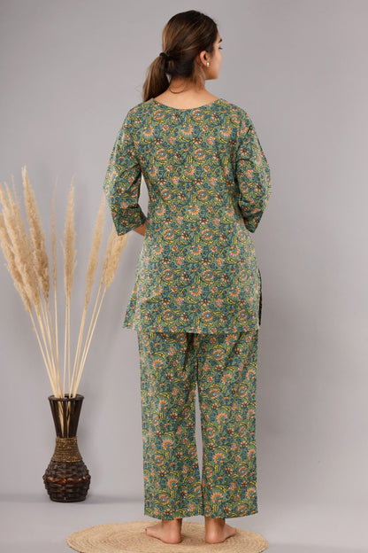 Green Pure Cotton Printed Night Suit
