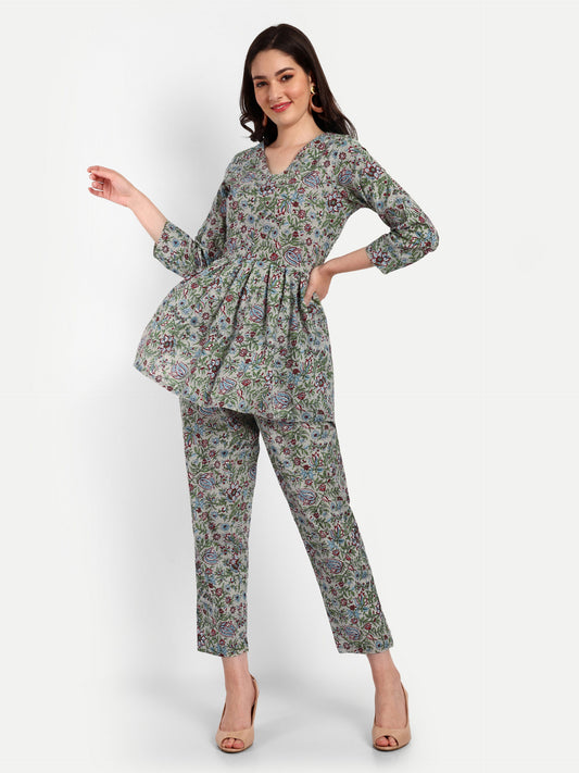 Grey Peplum Top Pure Cotton Coord Set