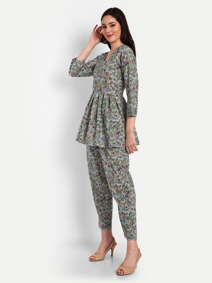 Grey Peplum Top Pure Cotton Coord Set
