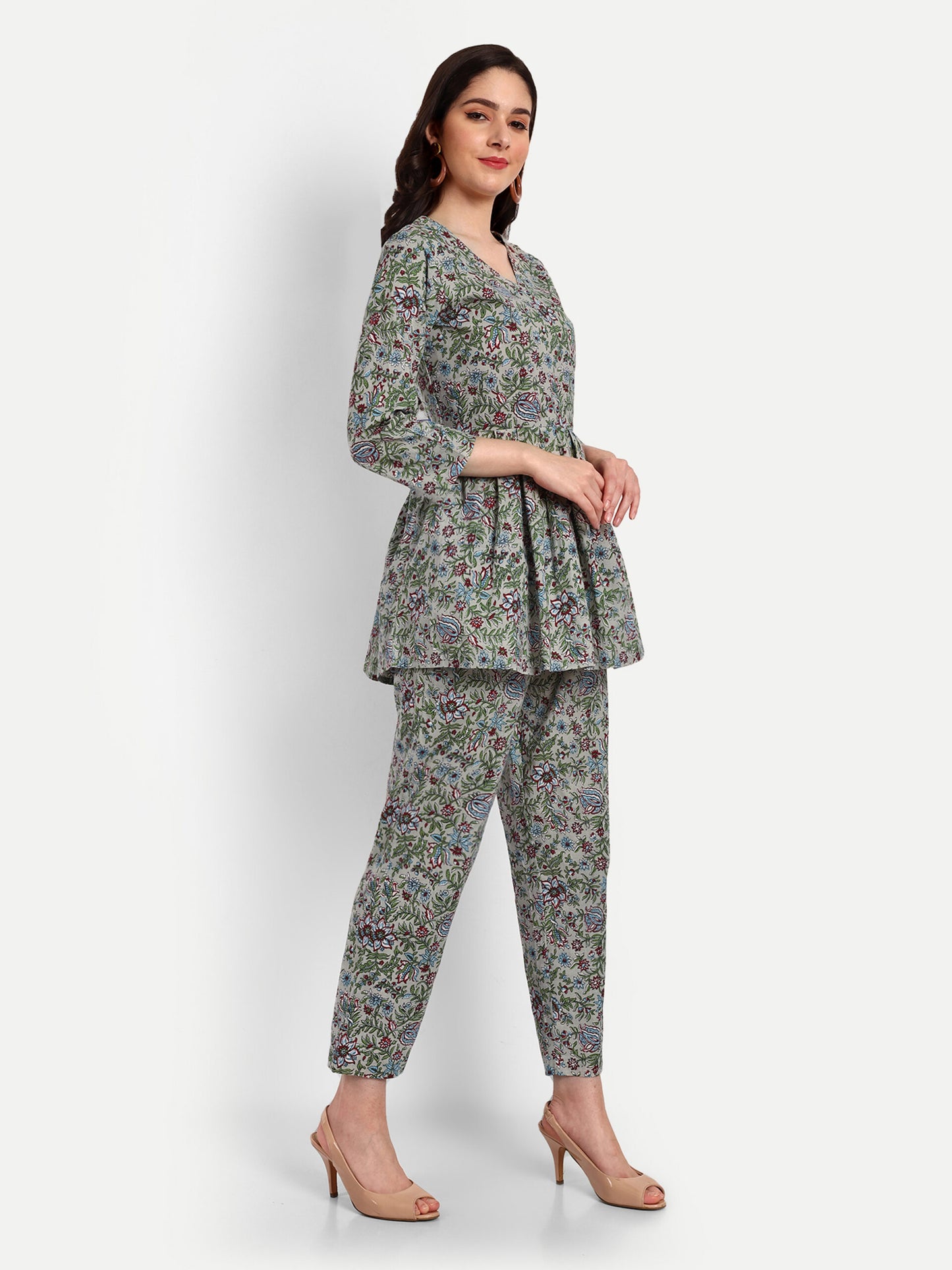 Grey Peplum Top Pure Cotton Coord Set