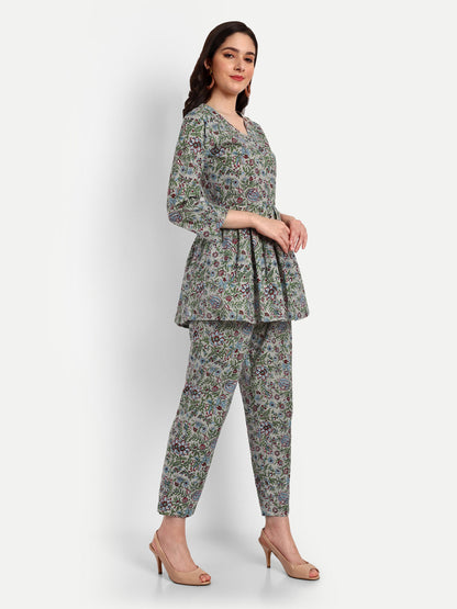 Grey Peplum Top Pure Cotton Coord Set